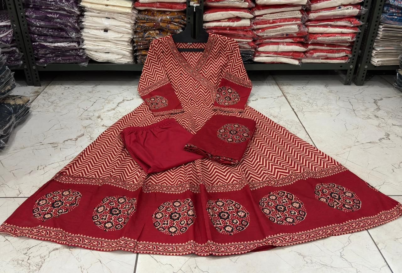 Cotton Printed Angrakha Anarkali Suit Set